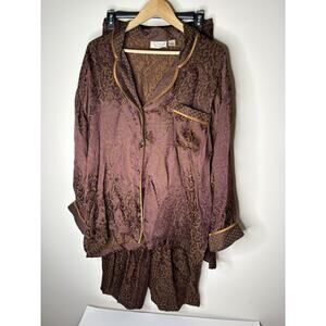 Vintage Victorias Secret Sz M Pajama PJ Set 2 Piece Brown Satin Gold Label Flora